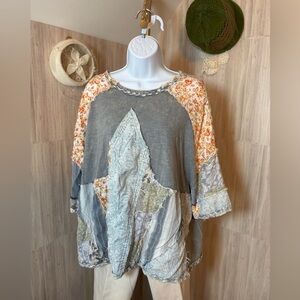 Oli & Hali Patchwork 3/4 Sleeve Top - Gray, Orange, Cream